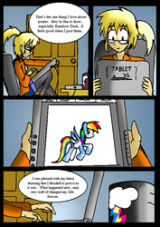 Size: 551x778 | Tagged: safe, artist:neoncabaret, derpy hooves, rainbow dash, oc, oc:mel, human, comic:derpy's wish, g4, comic, tablet