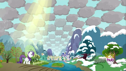 Size: 1280x720 | Tagged: safe, screencap, rarity, pony, g4, magical mystery cure, cloud, cloudy, hub logo, pun, solo, weather