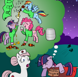 Size: 798x789 | Tagged: safe, artist:madmax, nurse redheart, pinkie pie, rainbow dash, twilight sparkle, earth pony, pegasus, pony, unicorn, g4, alcohol, beer bong, drunk, drunk twilight, floppy ears, frat, fraternity, hidalgo, sorority, unicorn twilight, wheelbarrow