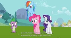 Size: 1599x865 | Tagged: safe, screencap, pinkie pie, rainbow dash, rarity, spike, g4, keep calm and flutter on, youtube caption, youtube link