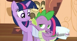 Size: 1599x869 | Tagged: safe, screencap, spike, twilight sparkle, g4, youtube caption, youtube link