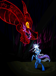 Size: 1427x1920 | Tagged: dead source, safe, artist:sir-dangereaux, trixie, dragon, pony, unicorn, g4, blank eyes, cape, clothes, duo, female, magic, mare, trixie's cape, white eyes