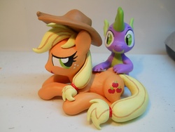 Size: 2048x1536 | Tagged: safe, artist:earthenpony, applejack, spike, dragon, earth pony, pony, g4, spike at your service, backrub, duo, female, irl, male, mare, photo, scene interpretation, sculpture, ship:applespike, shipping, straight