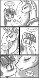 Size: 640x1280 | Tagged: safe, artist:johnjoseco, princess celestia, twilight sparkle, princess molestia, g4, comic, female, grayscale, lesbian, monochrome, ship:twilestia, shipping