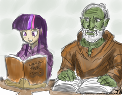 Size: 1000x778 | Tagged: safe, artist:johnjoseco, artist:michos, twilight sparkle, human, orc, g4, book, crossover, humanized, skyrim, the elder scrolls, urag gro-shub