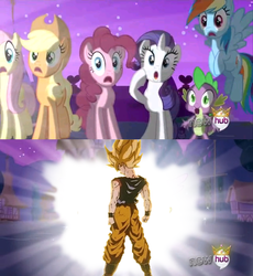 Size: 460x500 | Tagged: safe, applejack, fluttershy, pinkie pie, rainbow dash, rarity, spike, g4, alicorn flash, dragon ball, dragon ball z, exploitable meme, hub logo, male, meme, shocked, son goku, super saiyan