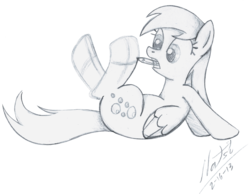 Size: 1217x943 | Tagged: safe, artist:natsu714, derpy hooves, pegasus, pony, g4, drawn into existence, ex nihilo, female, mare, monochrome, pencil, pencil drawing, self drawn, traditional art