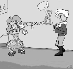 Size: 1100x1035 | Tagged: safe, artist:midnight-wizard, gilda, pinkie pie, human, g4, black and white cartoon, boots, humanized, old timey, retro, rubber hose animation, shoes