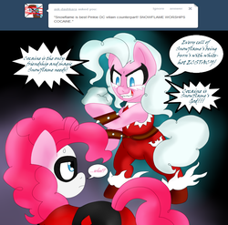 Size: 2050x2025 | Tagged: safe, artist:blackbewhite2k7, pinkie pie, ask the gothamville sirens, g4, ask, batman, cocaine, crossover, dc comics, harley quinn, snowflame