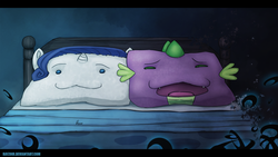 Size: 1920x1080 | Tagged: safe, artist:rayzor-sharp, rarity, spike, g4, :3, bed, pillow, wat