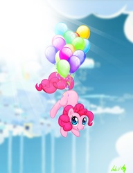 Size: 1600x2084 | Tagged: safe, artist:speckledmindphoenix, pinkie pie, pony, g4, balloon, cloud, cloudy, female, flying, solo, then watch her balloons lift her up to the sky