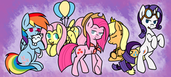 Size: 2100x950 | Tagged: safe, artist:lourita-shine, applejack, fluttershy, pinkie pie, rainbow dash, rarity, cat, g4, alternate ending, balloon, bandana, country pie, goggles, good end, jewelry, pinkamena diane pie, swapped cutie marks