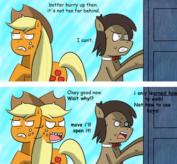 Size: 1300x1208 | Tagged: safe, artist:noah garcia, applejack, doctor whooves, time turner, earth pony, pony, g4, comic, comic sans, doctor who, eleventh doctor, tardis, tumblr