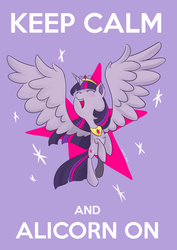 Size: 2480x3507 | Tagged: safe, artist:vivifx, twilight sparkle, alicorn, pony, g4, blushing, elements of harmony, eyes closed, female, flying, happy, keep calm, keep calm and carry on, open mouth, smiling, solo, spread wings, twilight sparkle (alicorn)