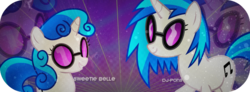 Size: 677x250 | Tagged: safe, artist:misuuzu, color edit, dj pon-3, sweetie belle, vinyl scratch, g4