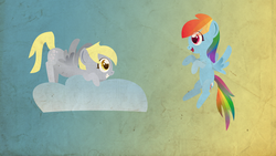Size: 2560x1440 | Tagged: safe, artist:foxy-noxy, derpy hooves, rainbow dash, pegasus, pony, g4, cloud, female, mare, wallpaper