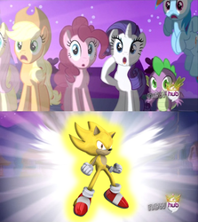 Size: 440x494 | Tagged: safe, applejack, fluttershy, pinkie pie, rainbow dash, rarity, spike, g4, alicorn flash, crossover, exploitable meme, hub logo, meme, sonic the hedgehog, sonic the hedgehog (series), super sonic