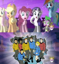 Size: 638x693 | Tagged: safe, applejack, fluttershy, pinkie pie, rainbow dash, rarity, spike, g4, alicorn flash, christine chapel, exploitable meme, hikaru sulu, hub logo, james t kirk, leonard mccoy, meme, montgomery scott, nyota uhura, scotty, spock, star trek, star trek: the animated series, tricorder (tos), uhura, vulcan