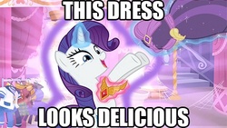 Size: 480x270 | Tagged: safe, edit, edited screencap, screencap, rarity, pony, unicorn, g4, magical mystery cure, clothes, dress, element of generosity, female, glowing, image macro, mare