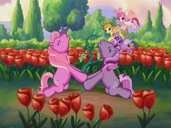 Size: 640x480 | Tagged: safe, screencap, pinkie pie (g3), tiddly wink, tra-la-la, wysteria, zipzee, breezie, g3, the princess promenade, flower, garden, garden weed, out of context, pull, pulling