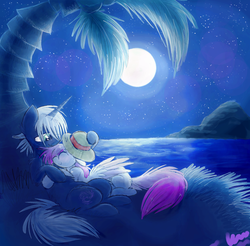 Size: 800x786 | Tagged: safe, artist:namiwami, oc, oc only, pegasus, pony, unicorn, beach, female, male, moon, shipping, straight