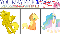 Size: 1280x731 | Tagged: safe, applejack, princess celestia, oc, oc:ticket, alicorn, pony, g4, alicorn oc, you may pick three