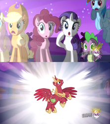 Size: 1920x2160 | Tagged: safe, artist:pixelkitties, applejack, big macintosh, fluttershy, pinkie pie, rainbow dash, rarity, spike, alicorn, pony, g4, alicorn flash, bigmacicorn, exploitable meme, hilarious in hindsight, hub logo, meme, princess big mac