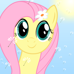 Size: 800x800 | Tagged: safe, artist:bajanic, fluttershy, pony, g4, bust, dandelion, female, flower, flower in hair, front view, full face view, looking at you, mare, smiling, solo, sun