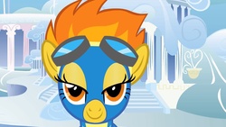 Size: 1920x1080 | Tagged: safe, screencap, spitfire, pegasus, pony, g4, bedroom eyes, bust, clothes, female, looking at you, portrait, solo, twilightlicious, uniform, wonderbolts uniform