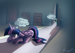 Size: 3170x2215 | Tagged: safe, artist:alumx, lyra heartstrings, twilight sparkle, alicorn, pony, g4, book, bookshelf, female, humie, mare, thought bubble, twilight sparkle (alicorn)