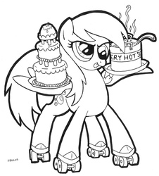 Size: 904x1000 | Tagged: safe, artist:abronyaccount, derpy hooves, pegasus, pony, g4, cake, female, lineart, mare, roller skates, solo, soup, this will end in tears