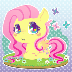 Size: 500x500 | Tagged: safe, artist:miss-glitter, fluttershy, butterfly, pony, g4, chibi, cute, female, solo