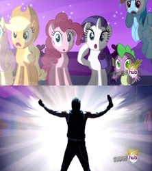 Size: 622x700 | Tagged: safe, applejack, fluttershy, pinkie pie, rainbow dash, rarity, spike, human, g4, alicorn flash, chris jericho, exploitable meme, hub logo, irl, irl human, meme, photo, wwe