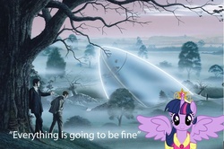 Size: 789x525 | Tagged: safe, edit, twilight sparkle, alicorn, human, pony, g4, everything is going to be ok, female, mare, spread wings, the war of the worlds, tree, twilight sparkle (alicorn), wings