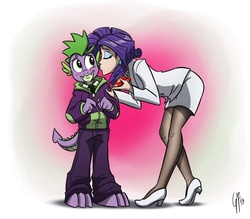 Size: 1200x1050 | Tagged: safe, artist:glancojusticar, rarity, spike, anthro, g4, blushing, cheek kiss, clothes, female, fire ruby, humanized, kissing, male, pantyhose, ship:sparity, shipping, straight
