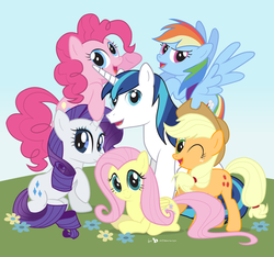 Size: 1395x1305 | Tagged: safe, artist:dm29, applejack, fluttershy, pinkie pie, rainbow dash, rarity, shining armor, earth pony, pegasus, pony, unicorn, g4, female, male, mare, one eye closed, remane five, shining armor gets all the mares, spread wings, stallion, wings