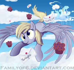 Size: 1426x1344 | Tagged: safe, artist:familyof6, derpy hooves, pegasus, pony, g4, cloudsdale, female, flying, letter, mail, mare, muffin, solo