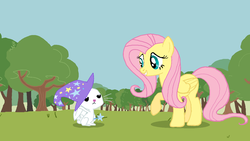 Size: 1366x768 | Tagged: safe, artist:rainb0wdashie, angel bunny, fluttershy, g4, trixie's hat