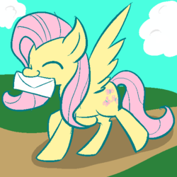 Size: 500x500 | Tagged: dead source, safe, artist:xpockybutt, fluttershy, pegasus, pony, g4, cloud, envelope, eyes closed, female, grass, mare, shadow, sky, smiling, solo, spread wings, wings