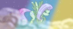 Size: 1303x524 | Tagged: safe, artist:pegasus20101000, fluttershy, pegasus, pony, g4, cloud, eyes closed, female, flying, mare, solo, stars