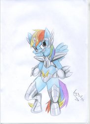 Size: 2550x3509 | Tagged: safe, artist:vd-dv, rainbow dash, pony, g4, armor, bipedal, crossover, parody, saint seiya, traditional art