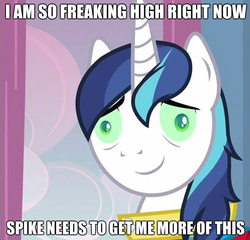 Size: 622x598 | Tagged: safe, edit, edited screencap, screencap, shining armor, g4, caption, high, image macro, silly, stoned