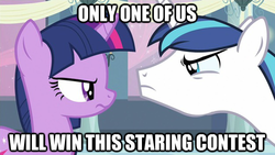 Size: 624x351 | Tagged: safe, edit, edited screencap, screencap, shining armor, twilight sparkle, g4, caption, image macro, silly, stare