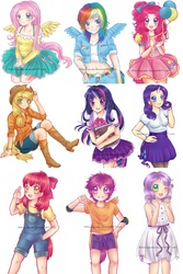 Size: 3319x4975 | Tagged: safe, artist:aikascupcake, apple bloom, applejack, fluttershy, pinkie pie, rainbow dash, rarity, scootaloo, sweetie belle, twilight sparkle, human, g4, balloon, belly button, book, clothes, cutie mark crusaders, dress, elbow pads, horn, horned humanization, humanized, long socks, mane six, midriff, overalls, skirt, socks, tailed humanization, thigh highs, thigh socks, winged humanization
