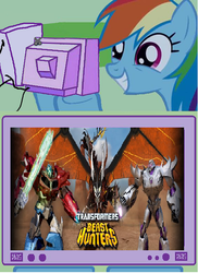 Size: 439x602 | Tagged: safe, rainbow dash, g4, beast hunters, exploitable meme, megatron, optimus prime, predaking, transformers, tv meme