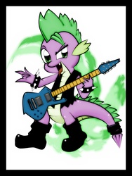 Size: 1536x2048 | Tagged: safe, artist:davidvega123, spike, dragon, g4, boots, clothes, electric guitar, guitar, iceman, metal, musical instrument, punk rock, rock (music), spiked wristband, tongue out, vest