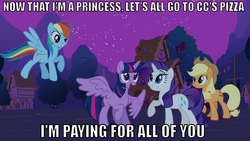 Size: 921x518 | Tagged: safe, edit, edited screencap, screencap, applejack, rainbow dash, rarity, twilight sparkle, alicorn, pony, g4, magical mystery cure, female, image macro, mare, twilight sparkle (alicorn)