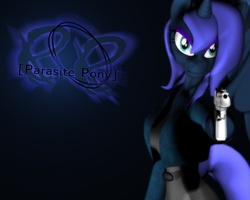 Size: 1280x1024 | Tagged: safe, princess luna, anthro, g4, female, gun, parasite eve, parody, solo, weapon