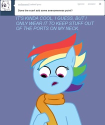Size: 629x750 | Tagged: safe, rainbow dash, g4, alternate hairstyle, ask, blue background, bust, clothes, cyborg 009, front view, scarf, simple background, solo, tumblr