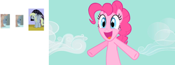 Size: 1100x407 | Tagged: safe, screencap, amberlocks, cherry cola, cherry fizzy, derpy hooves, pinkie pie, pegasus, pony, g4, magical mystery cure, the best night ever, cameo, female, happy, jumping, mare, reaction image, shoutout, wink